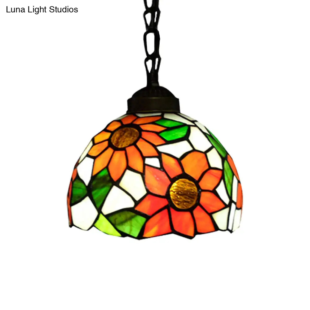 Victorian Black Stained Glass Pendant Lighting - 1 Head Bowl Suspension Lamp For Dining Room