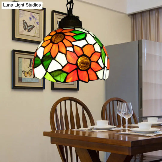 Victorian Black Stained Glass Pendant Lighting - 1 Head Bowl Suspension Lamp For Dining Room