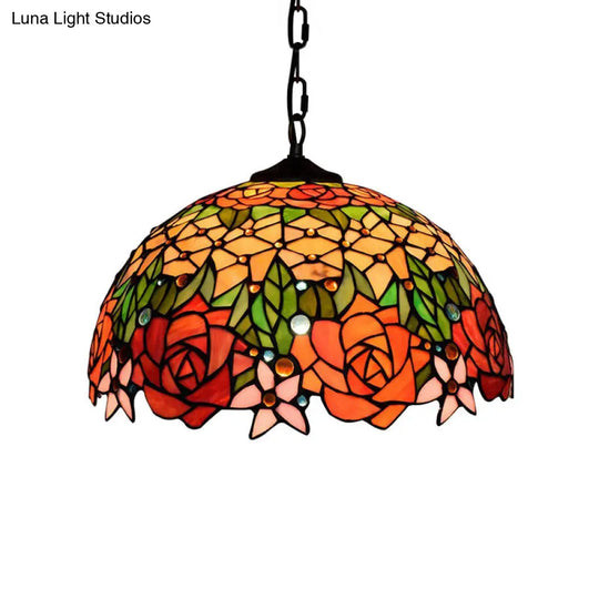 Victorian Stained Glass Rose Pendant Light In Black - 1 Head Hanging Kit For Living Room