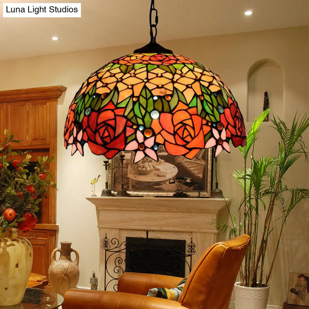 Victorian Stained Glass Rose Pendant Light In Black - 1 Head Hanging Kit For Living Room