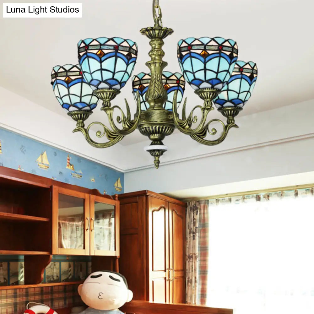 Victorian Blue Glass Chandelier: Curved Arm Suspension Lighting For Bedroom – 5/9/11 Lights