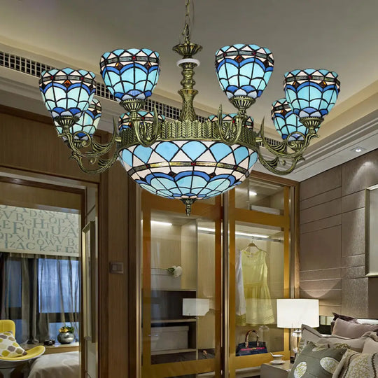 Victorian Blue Glass Chandelier: Curved Arm Suspension Lighting For Bedroom – 5/9/11 Lights 11 /