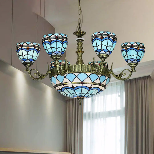 Victorian Blue Glass Chandelier: Curved Arm Suspension Lighting For Bedroom – 5/9/11 Lights 9 /