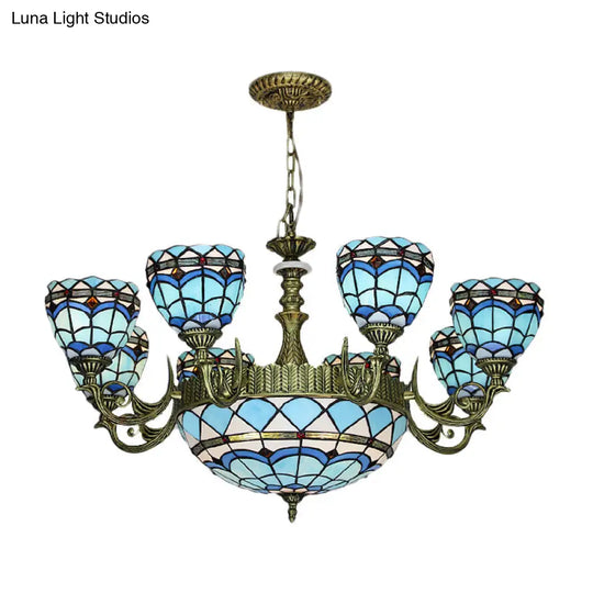 Victorian Blue Glass Chandelier: Curved Arm Suspension Lighting For Bedroom – 5/9/11 Lights