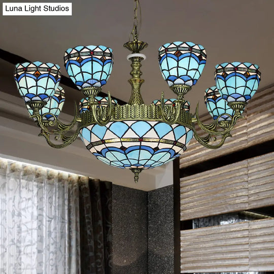 Victorian Blue Glass Chandelier: Curved Arm Suspension Lighting For Bedroom – 5/9/11 Lights