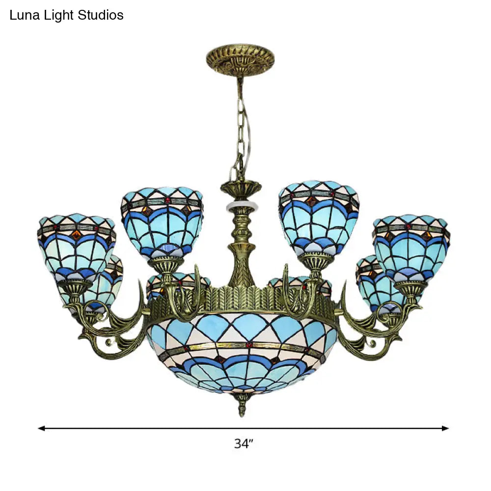 Victorian Blue Glass Chandelier: Curved Arm Suspension Lighting For Bedroom – 5/9/11 Lights