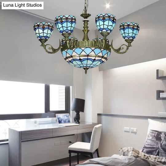 Victorian Blue Glass Chandelier: Curved Arm Suspension Lighting For Bedroom – 5/9/11 Lights