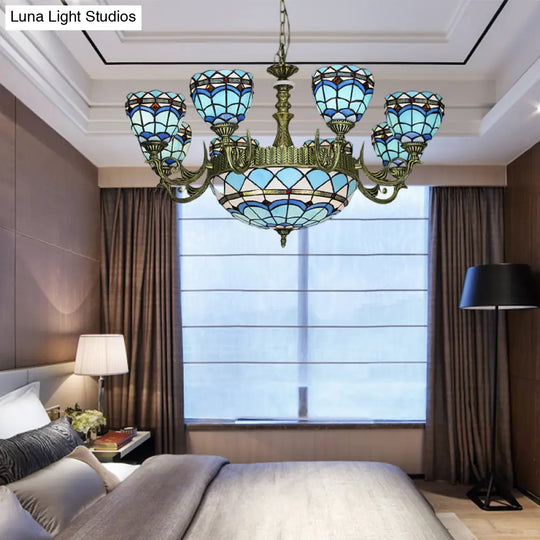 Victorian Blue Glass Chandelier: Curved Arm Suspension Lighting For Bedroom – 5/9/11 Lights