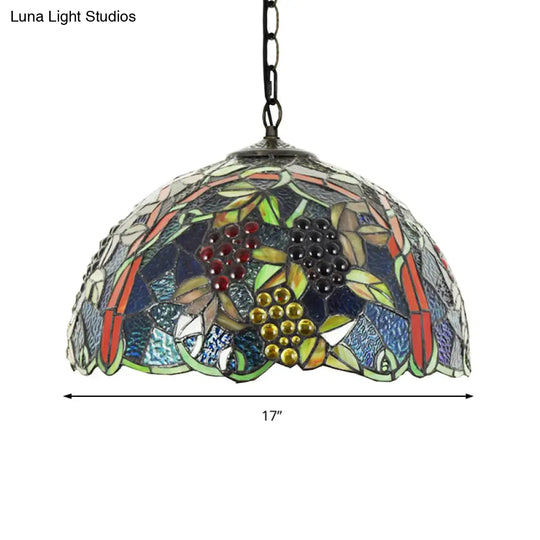 Victorian Blue Stained Glass Bowl Pendant Light Fixture For Bedroom - 1 Head Hanging Lamp