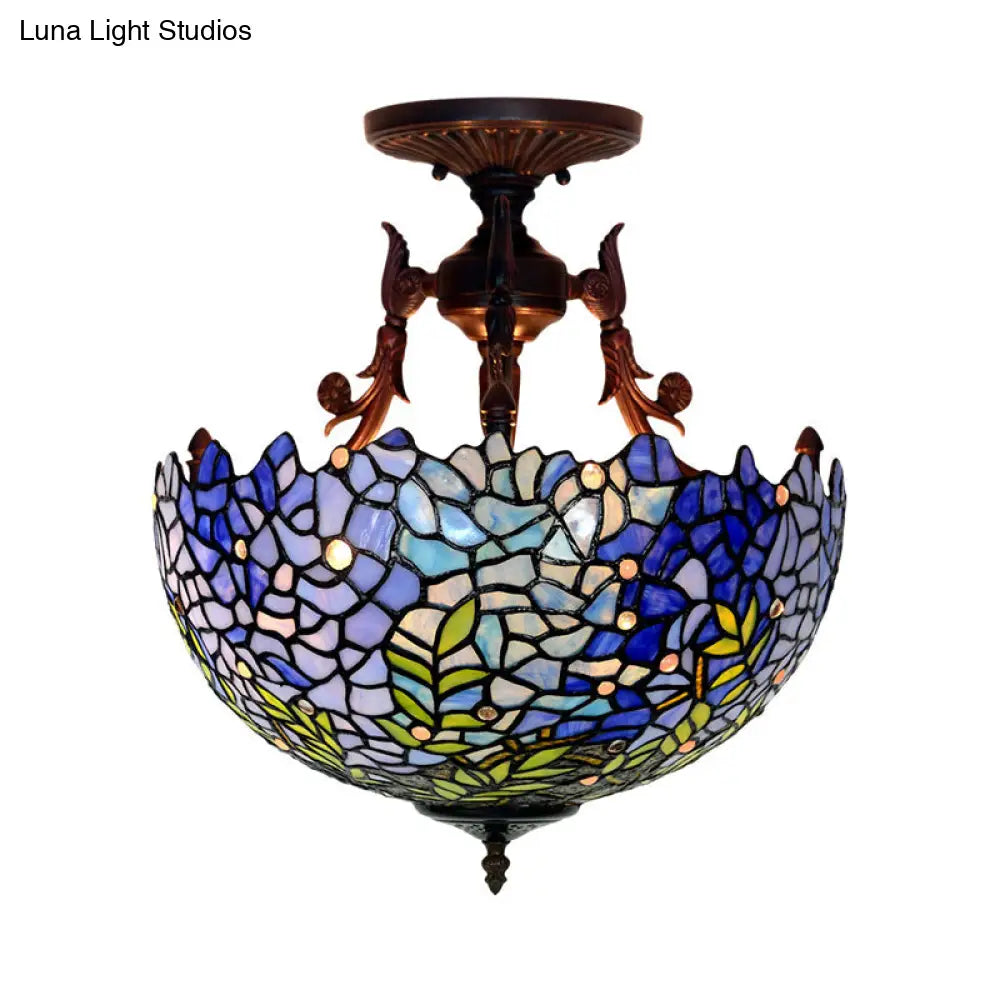 Victorian Blue Stained Glass Ceiling Light Fixture - 3-Light Domed Semi Mount For Kitchen