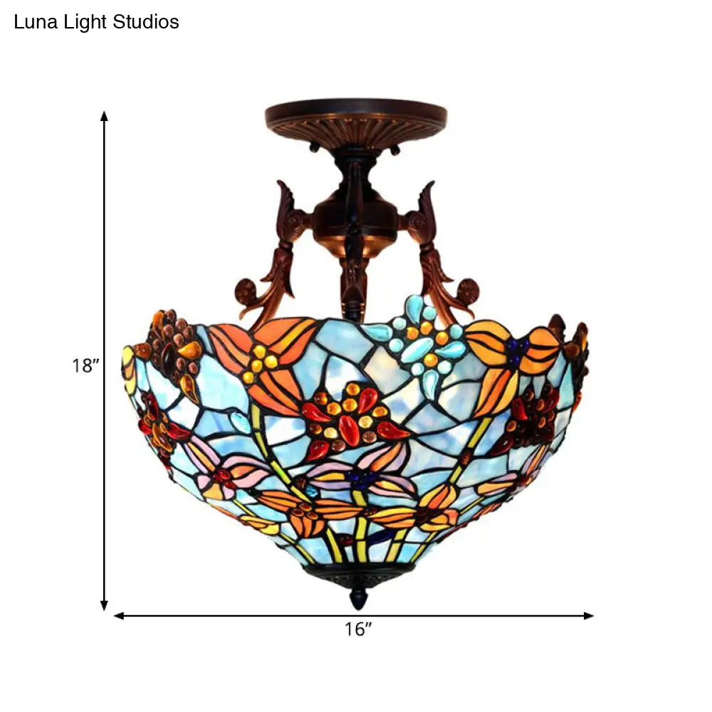 Victorian Blue Stained Glass Ceiling Light Fixture - 3-Light Domed Semi Mount For Kitchen