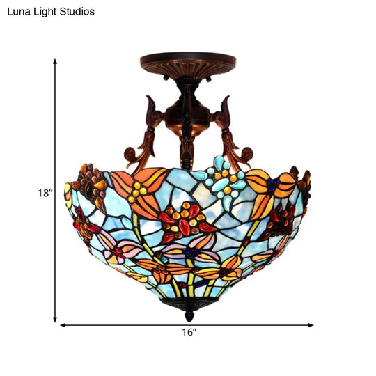 Victorian Blue Stained Glass Ceiling Light Fixture - 3-Light Domed Semi Mount For Kitchen