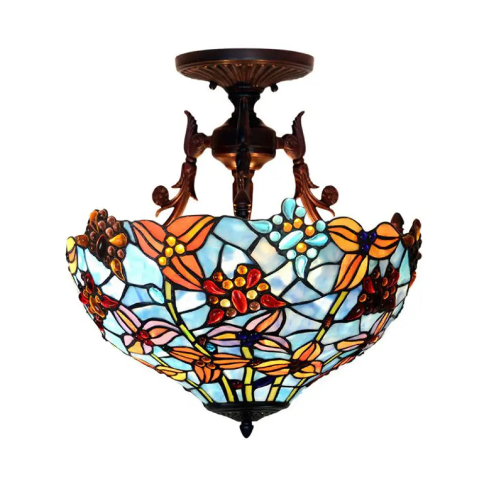 Victorian Blue Stained Glass Ceiling Light Fixture - 3-Light Domed Semi Mount For Kitchen