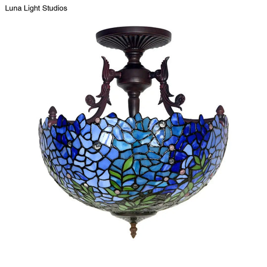 Victorian Blue Domed Semi Mount Ceiling Light Fixture With 3 Stained Glass Lights - Perfect For