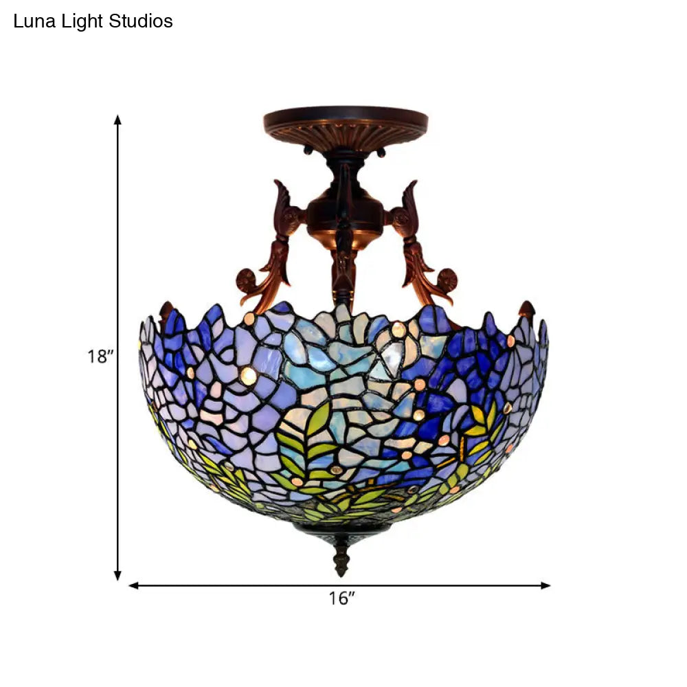 Victorian Blue Domed Semi Mount Ceiling Light Fixture With 3 Stained Glass Lights - Perfect For