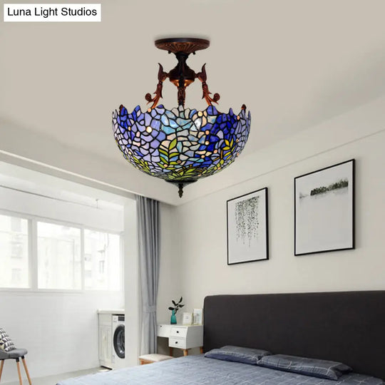 Victorian Blue Domed Semi Mount Ceiling Light Fixture With 3 Stained Glass Lights - Perfect For