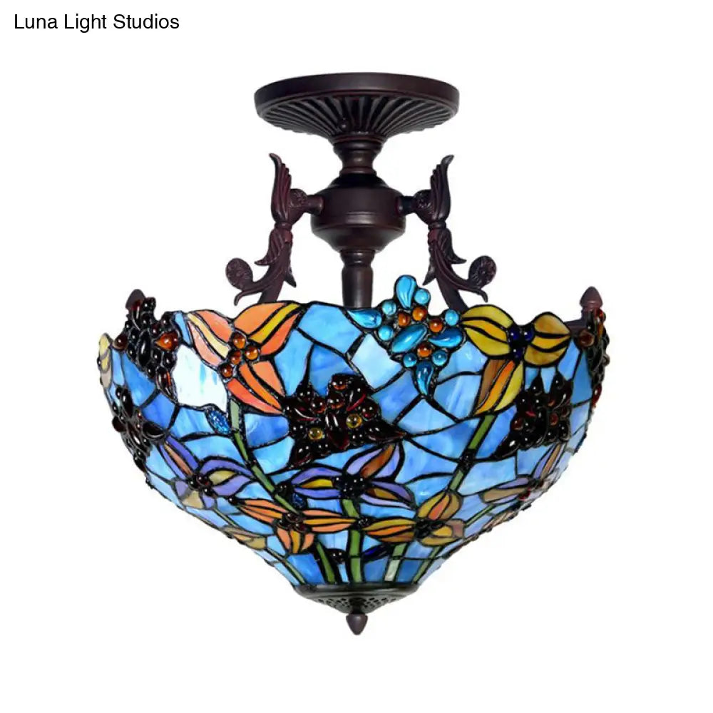 Victorian Blue Domed Semi Mount Ceiling Light Fixture With 3 Stained Glass Lights - Perfect For