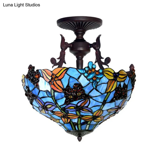 Victorian Blue Domed Semi Mount Ceiling Light Fixture With 3 Stained Glass Lights - Perfect For