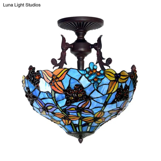 Victorian Blue Stained Glass Ceiling Light Fixture - 3-Light Domed Semi Mount For Kitchen