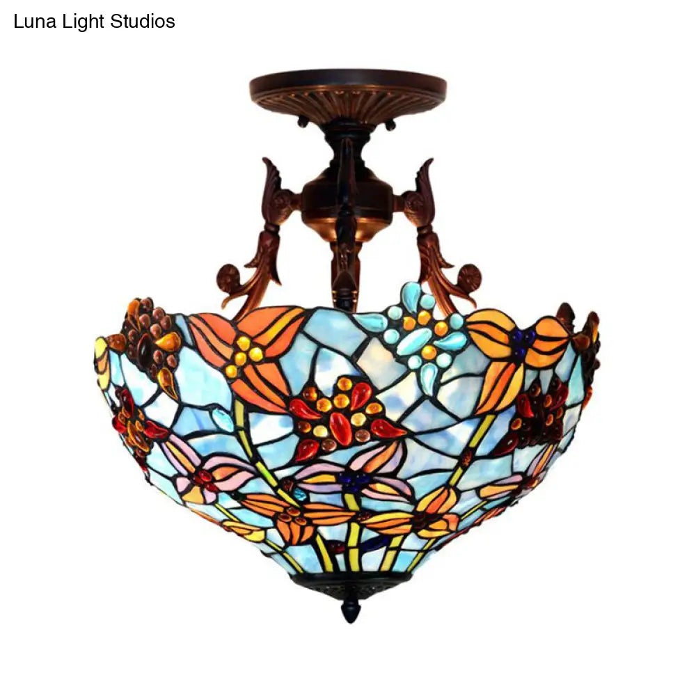 Victorian Blue Domed Semi Mount Ceiling Light Fixture With 3 Stained Glass Lights - Perfect For