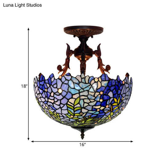 Victorian Blue Stained Glass Ceiling Light Fixture - 3-Light Domed Semi Mount For Kitchen