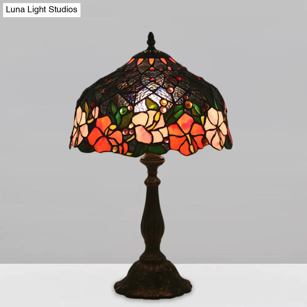 Victorian Brass Floral Patterned Bedroom Lamp With Bowl Cut Glass Shade - Includes Night Light