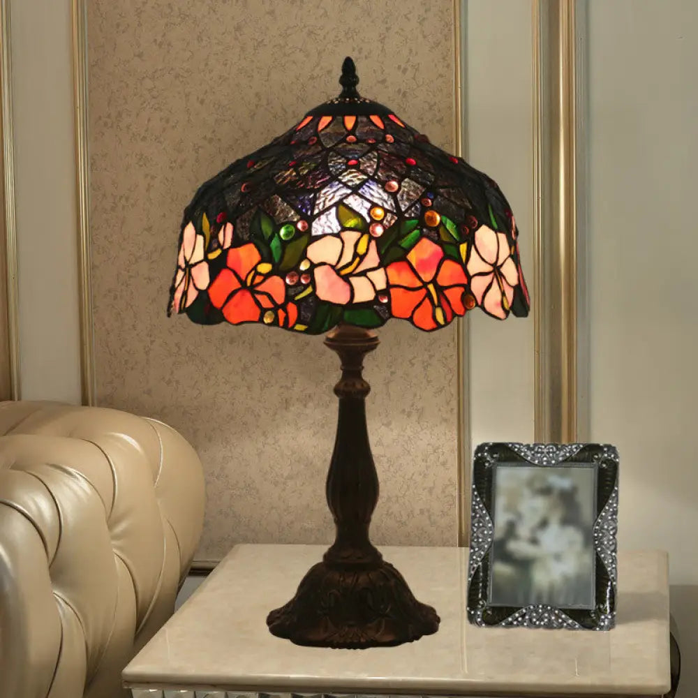 Victorian Brass Floral Patterned Bedroom Lamp With Bowl Cut Glass Shade - Includes Night Light