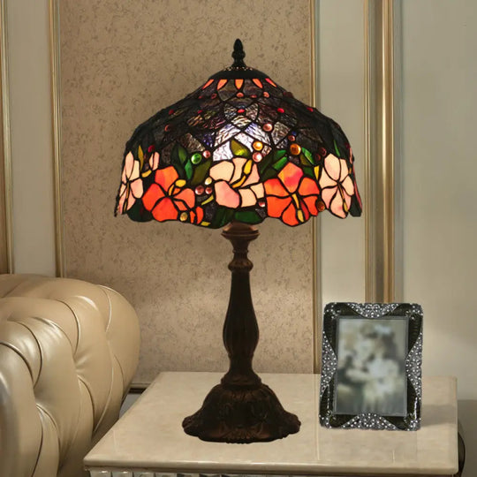 Victorian Brass Floral Patterned Bedroom Lamp With Bowl Cut Glass Shade - Includes Night Light