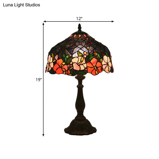 Victorian Brass Floral Patterned Bedroom Lamp With Bowl Cut Glass Shade - Includes Night Light