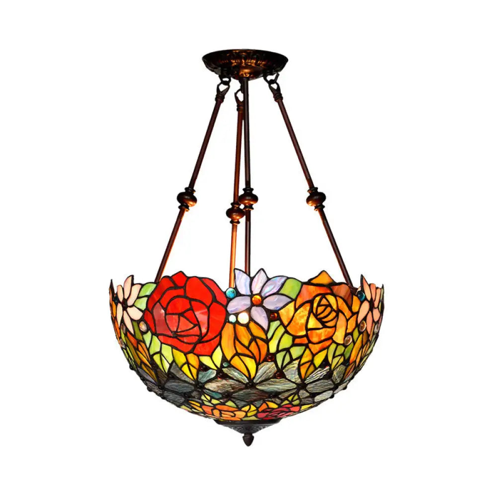 Victorian Bronze Ceiling Light Fixture With Stained Glass Dome Shade - 2-Light Semi Flush For