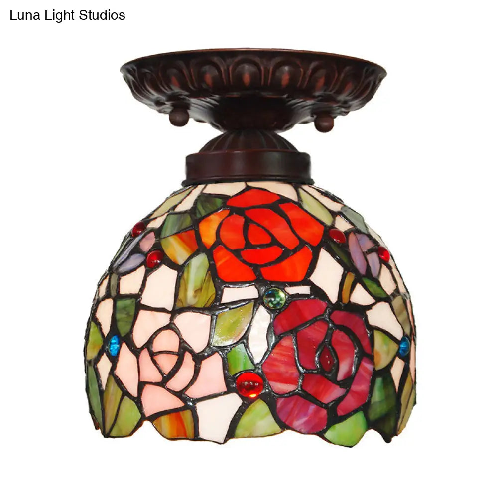 Victorian Ceiling-Mounted Stained Glass Light With Domed Design - 1 Flushmount Red/Pink/Orange Ideal
