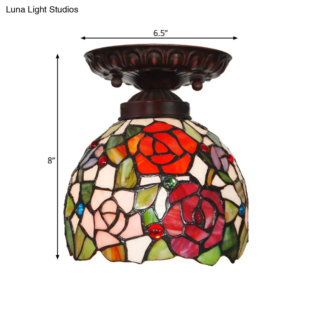 Victorian Ceiling-Mounted Stained Glass Light With Domed Design - 1 Flushmount Red/Pink/Orange