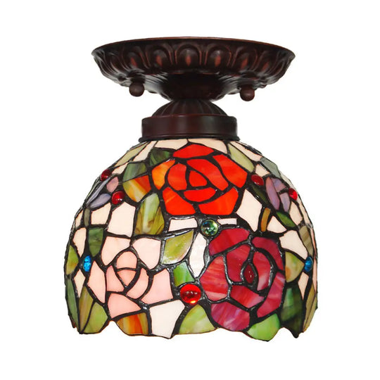 Victorian Ceiling-Mounted Stained Glass Light With Domed Design - 1 Flushmount Red/Pink/Orange