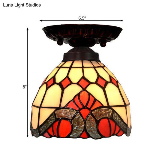 Victorian Ceiling-Mounted Stained Glass Light With Domed Design - 1 Flushmount Red/Pink/Orange Ideal