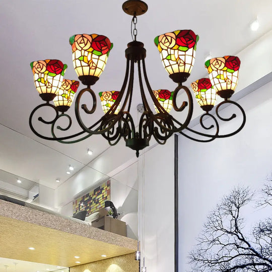 Victorian Cut Glass Arched Chandelier - 8-Light Red/Yellow/Dark Red Pendant Lamp For Living Room