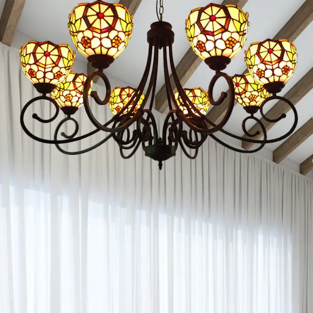 Victorian Cut Glass Arched Chandelier - 8-Light Red/Yellow/Dark Red Pendant Lamp For Living Room