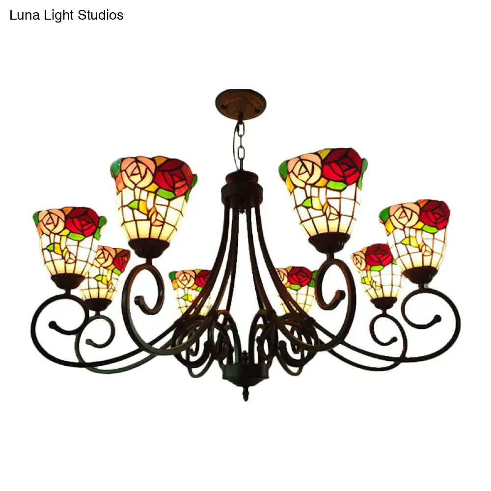 Victorian Cut Glass Arched Chandelier - 8 Lights Red/Yellow/Dark Red Living Room Pendant Lamp