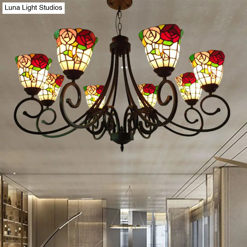 Victorian Cut Glass Arched Chandelier - 8-Light Red/Yellow/Dark Red Pendant Lamp For Living Room