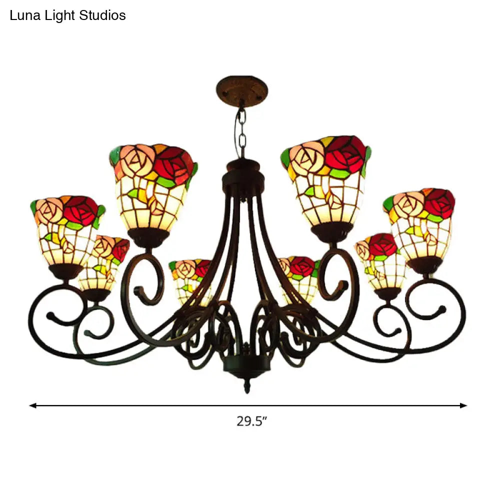 Victorian Cut Glass Arched Chandelier - 8 Lights Red/Yellow/Dark Red Living Room Pendant Lamp