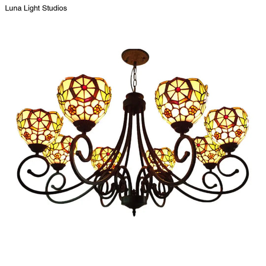 Victorian Cut Glass Arched Chandelier - 8-Light Red/Yellow/Dark Red Pendant Lamp For Living Room