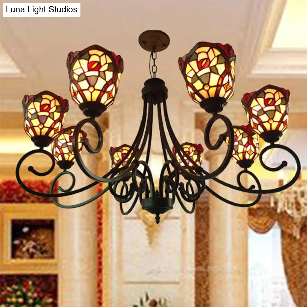 Victorian Cut Glass Arched Chandelier - 8-Light Red/Yellow/Dark Red Pendant Lamp For Living Room