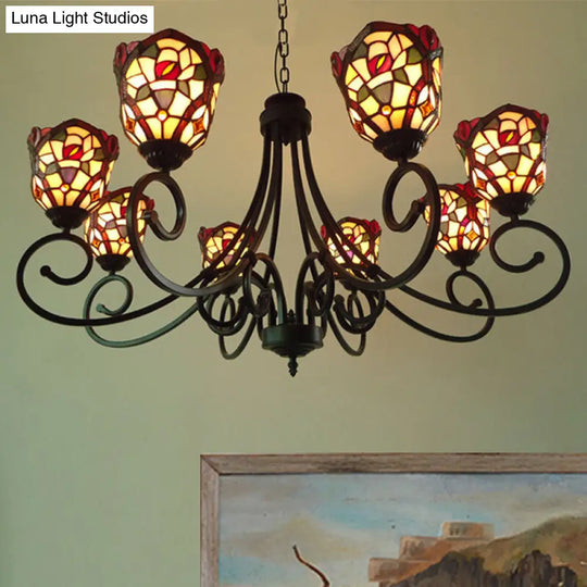 Victorian Cut Glass Arched Chandelier - 8 Lights Red/Yellow/Dark Red Living Room Pendant Lamp Dark