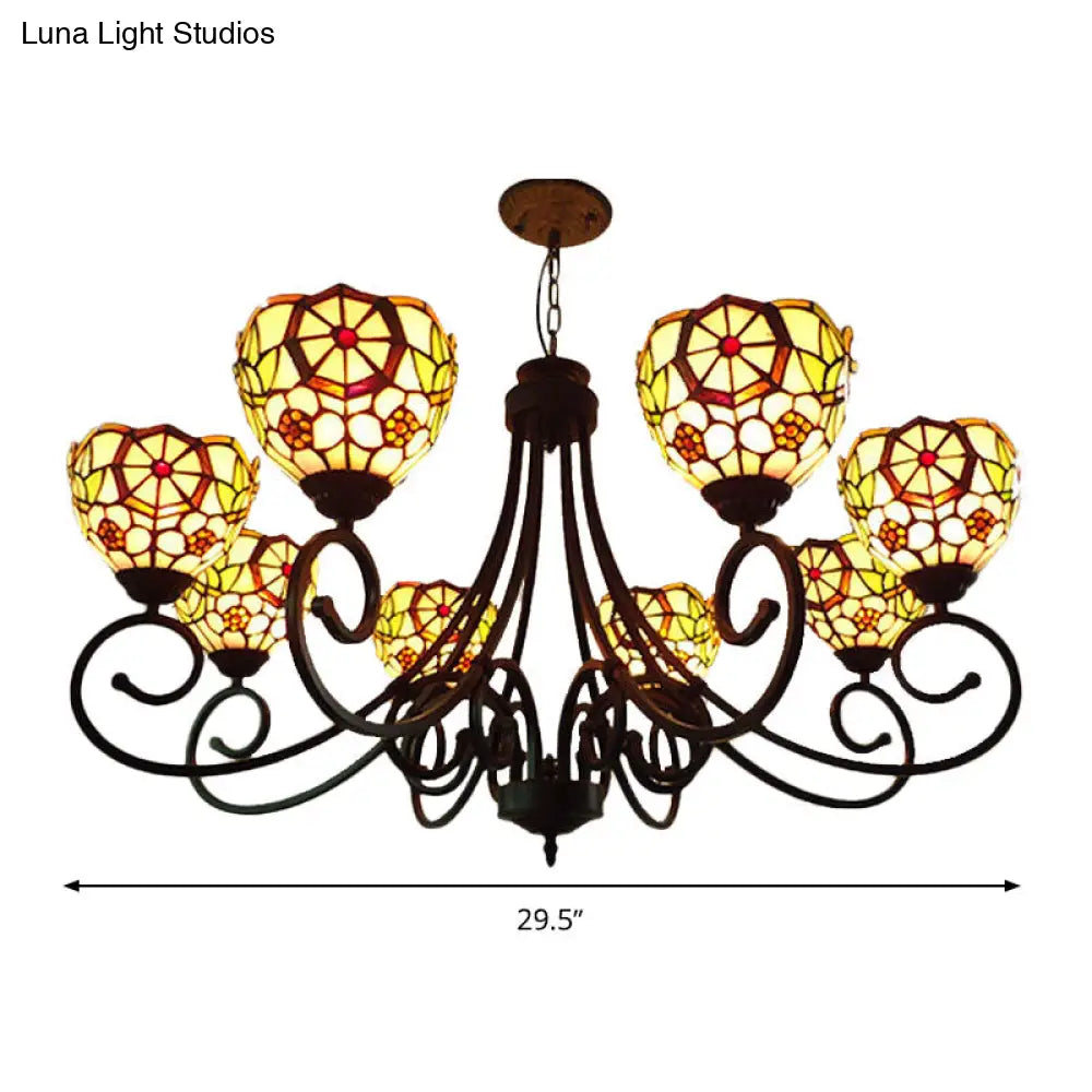 Victorian Cut Glass Arched Chandelier - 8 Lights Red/Yellow/Dark Red Living Room Pendant Lamp