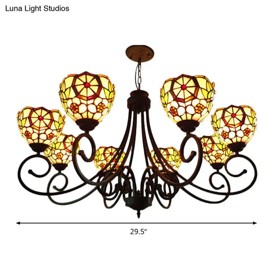 Victorian Cut Glass Arched Chandelier - 8 Lights Red/Yellow/Dark Red Living Room Pendant Lamp