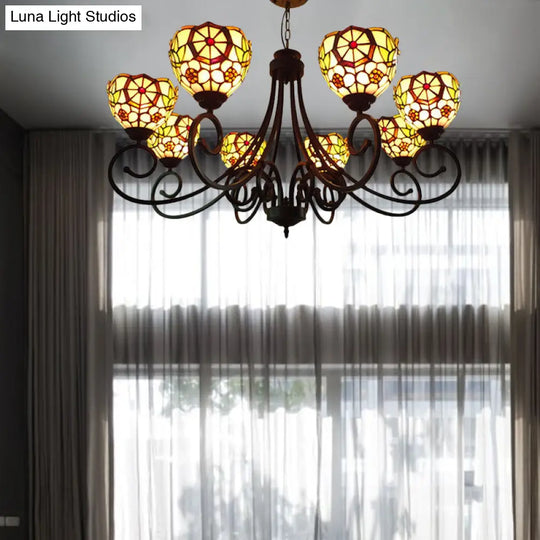 Victorian Cut Glass Arched Chandelier - 8-Light Red/Yellow/Dark Red Pendant Lamp For Living Room