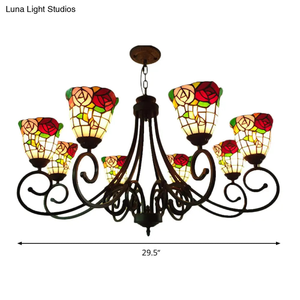 Victorian Cut Glass Arched Chandelier - 8-Light Red/Yellow/Dark Red Pendant Lamp For Living Room