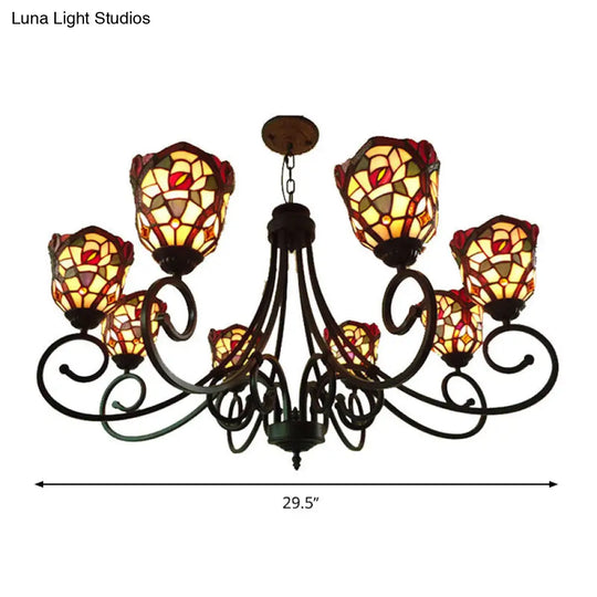 Victorian Cut Glass Arched Chandelier - 8 Lights Red/Yellow/Dark Red Living Room Pendant Lamp