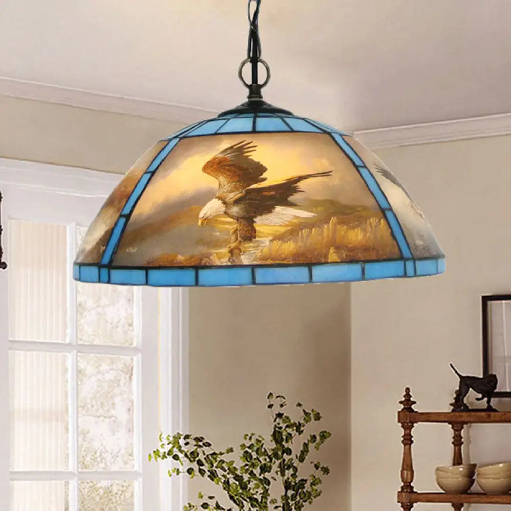 Victorian Cut Glass Hanging Light Kit - 1-Bulb Yellow/Blue Pendant Lamp With Eagle Pattern For