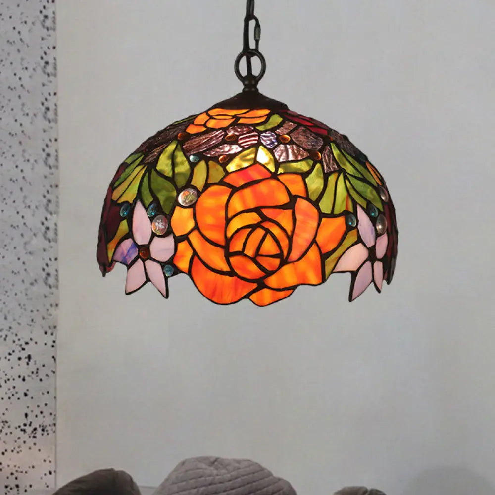 Victorian Dome Cut Glass Pendant Lamp - 1-Light Yellow Finish With Blossom Pattern
