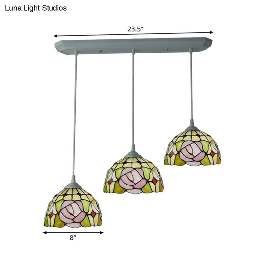 Victorian Dome Stained Glass Pendulum Light With White Rose Pattern - 3-Head Cluster Pendant For